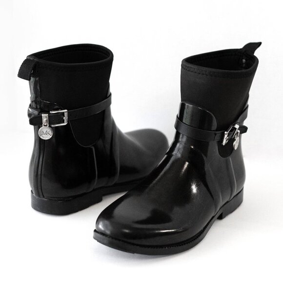 EUC! MICHAEL KORS CHARM STRETCH RAIN BOOTS SZ 10 BLACK - Picture 1 of 8
